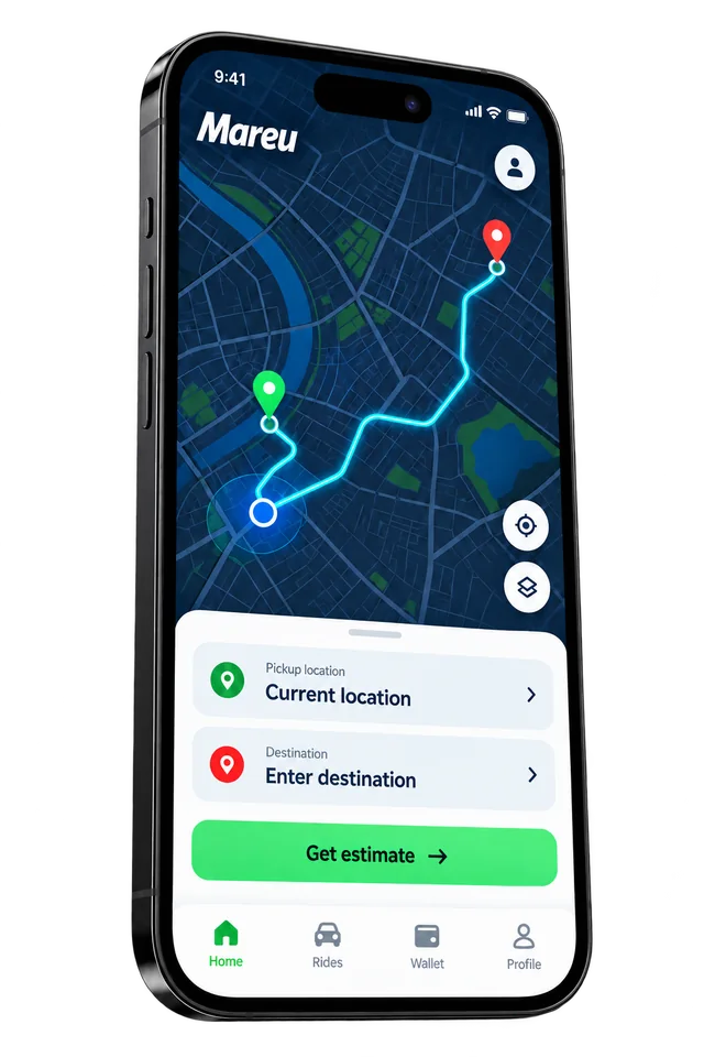 Mareu app map and journey preview on a phone