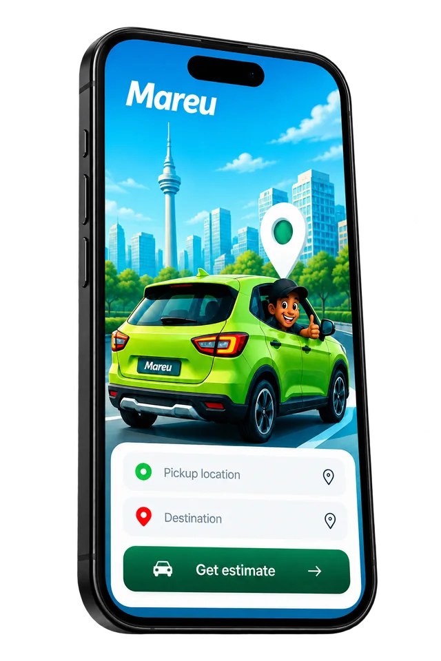 Mareu app illustrated ride preview on a phone